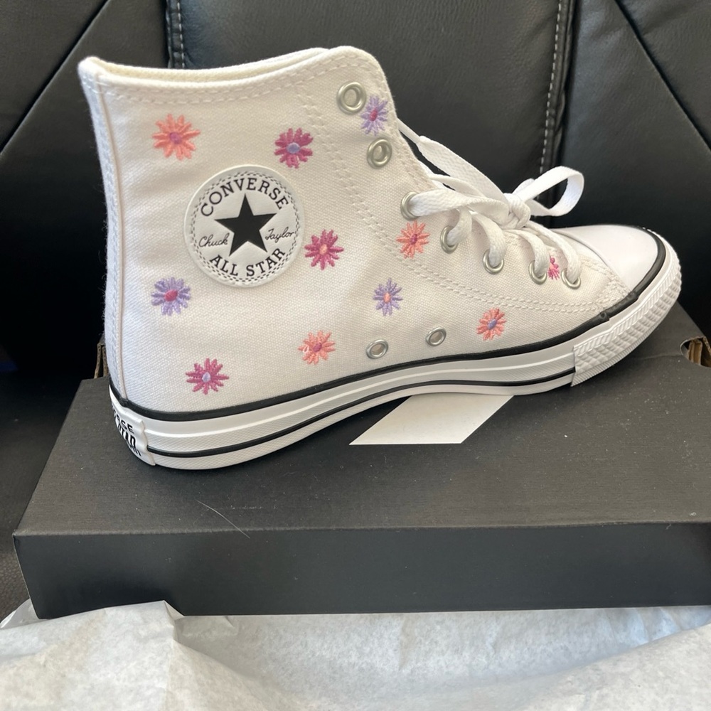 Converse Kids High-Top Sneakers - White with Pink and Purple Flowers
